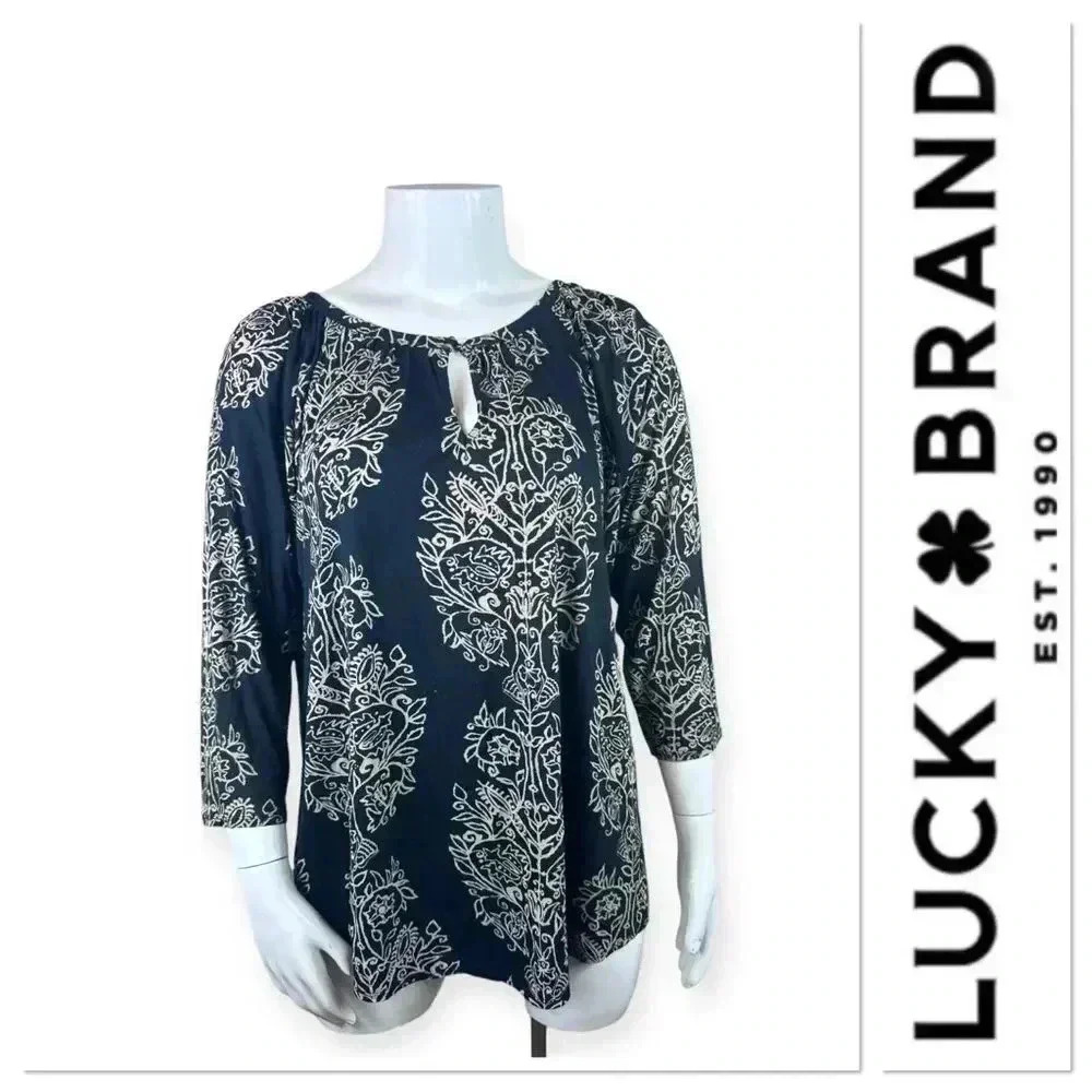 Lucky Brand black long sleeve top with cream boho print size 2X - Picture 1 of 9